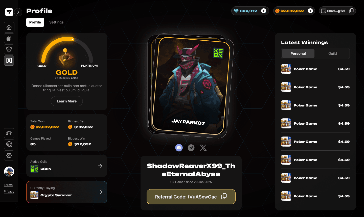 Game7 — Profile, after (gamified identity card)