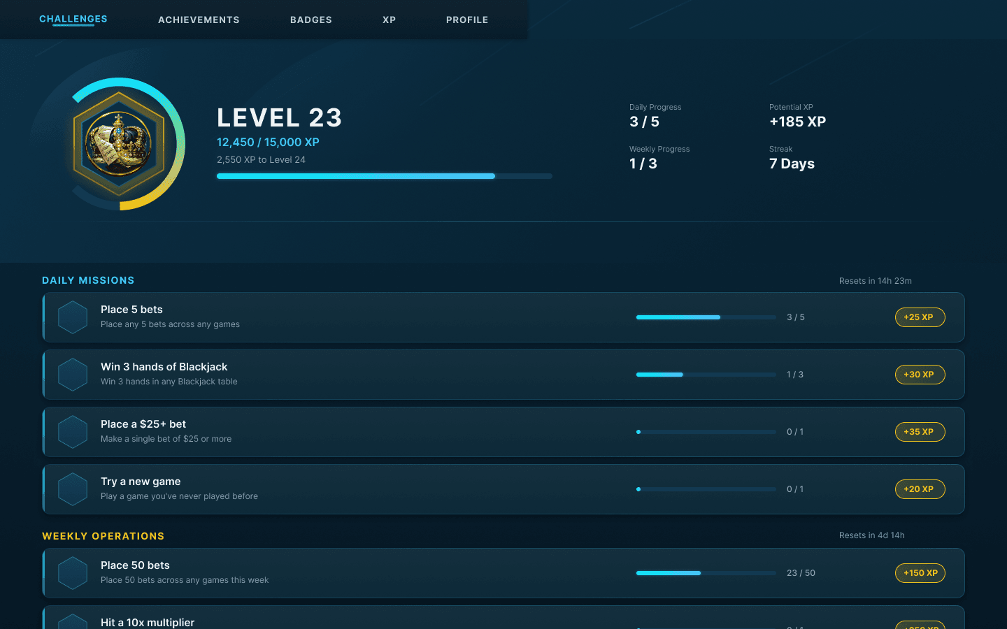 MonkeyTilt — Challenges hub (individual progression)