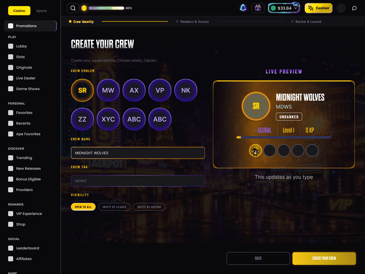 MonkeyTilt — Crew Creation, identity form (desktop)