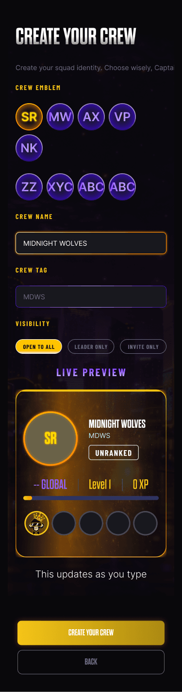 MonkeyTilt — Crew Creation, identity form (mobile)