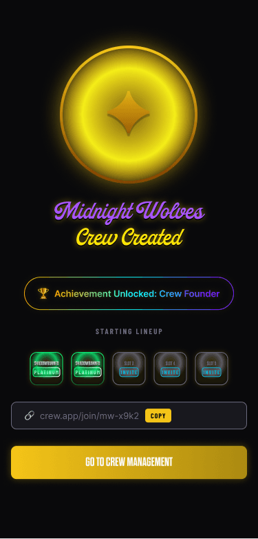 MonkeyTilt — Crew Creation, confirmation (mobile)