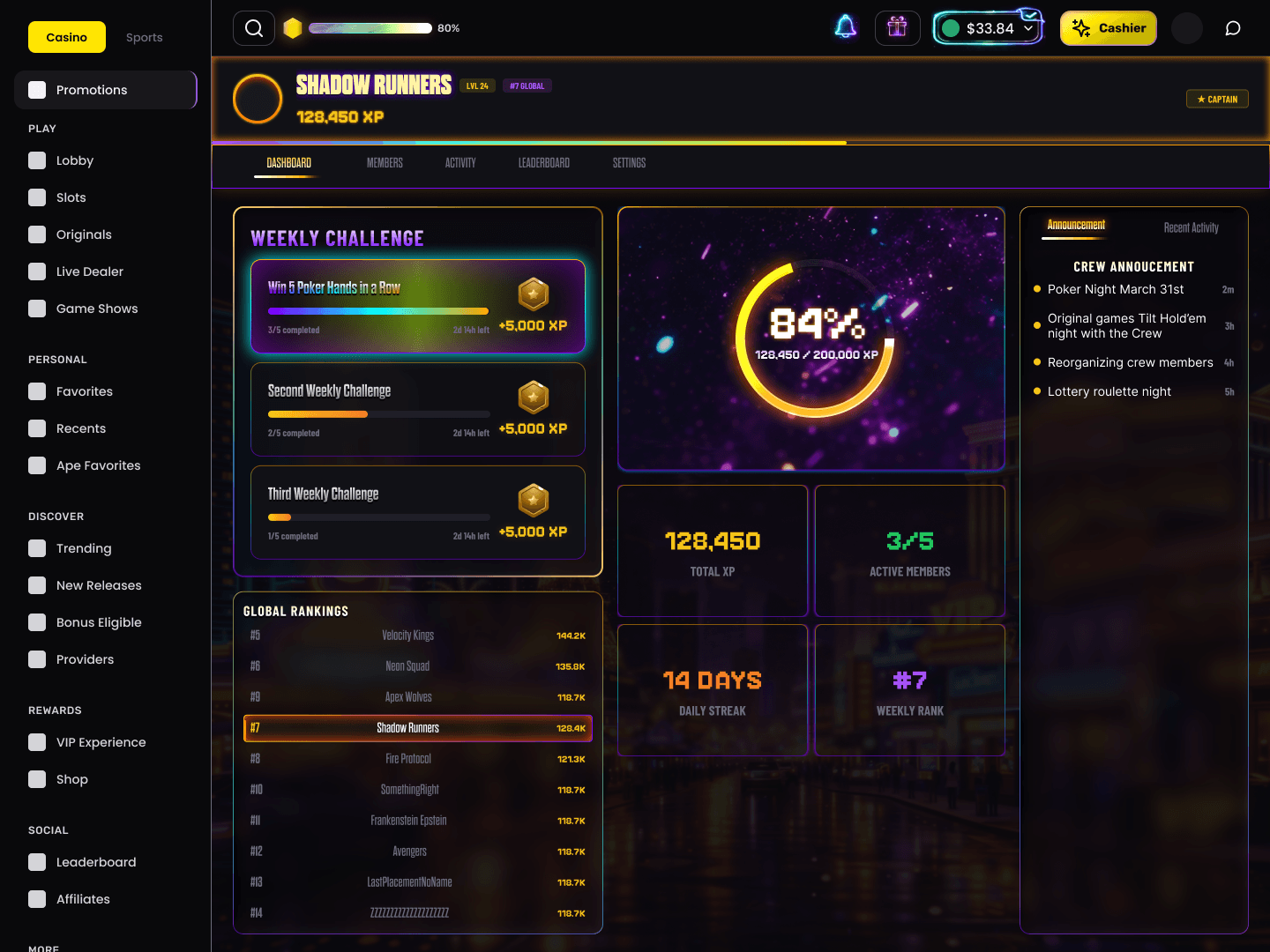MonkeyTilt — Crew Management, dashboard (desktop)
