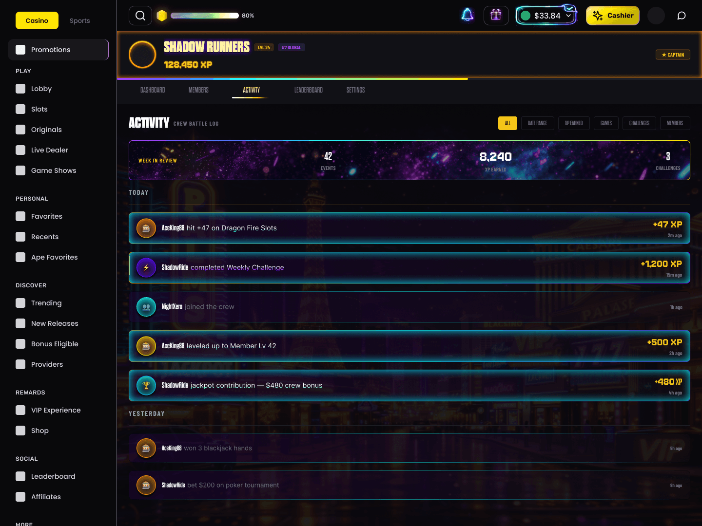 MonkeyTilt — Crew Management, activities (desktop)