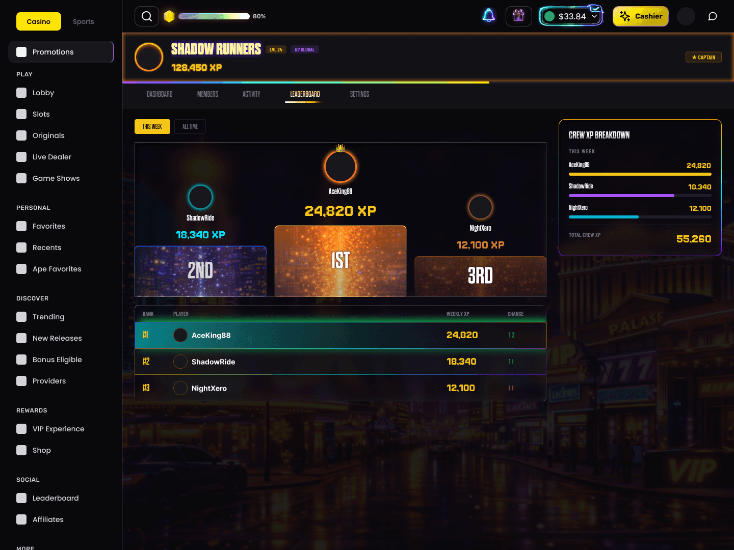 MonkeyTilt — Crew Management, leaderboard (desktop)