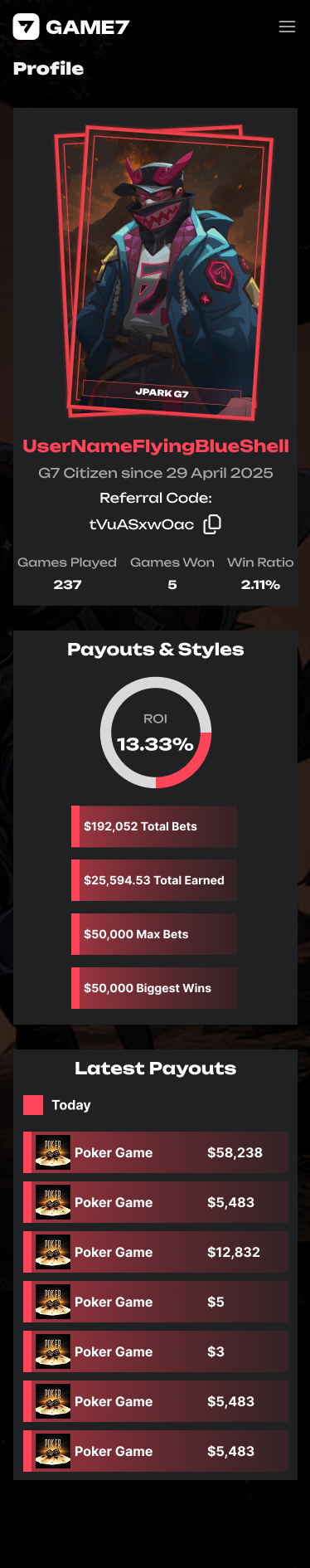 Game7 — Profile, mobile layout exploration