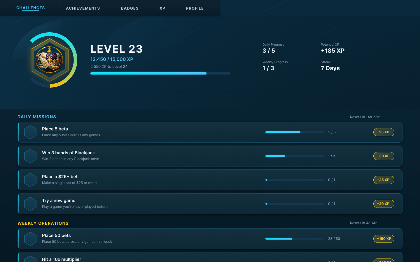 MonkeyTilt — Challenges hub (individual progression)
